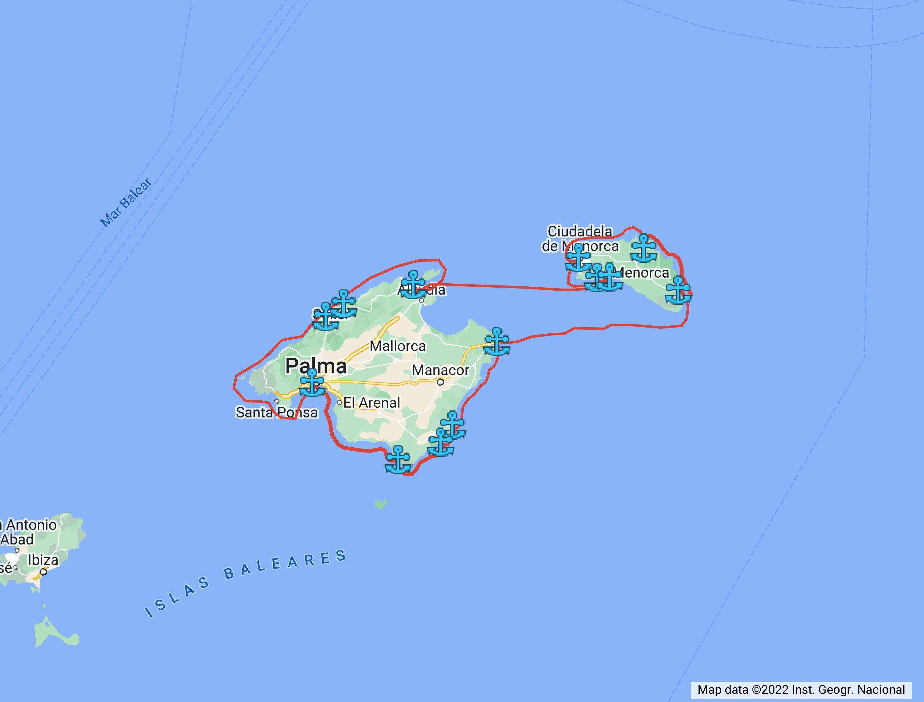 Bild der Route Mallorca - Menorca zur Navigation mit dem Boot, erstellt von Alquilerdebarcosmallorca.com