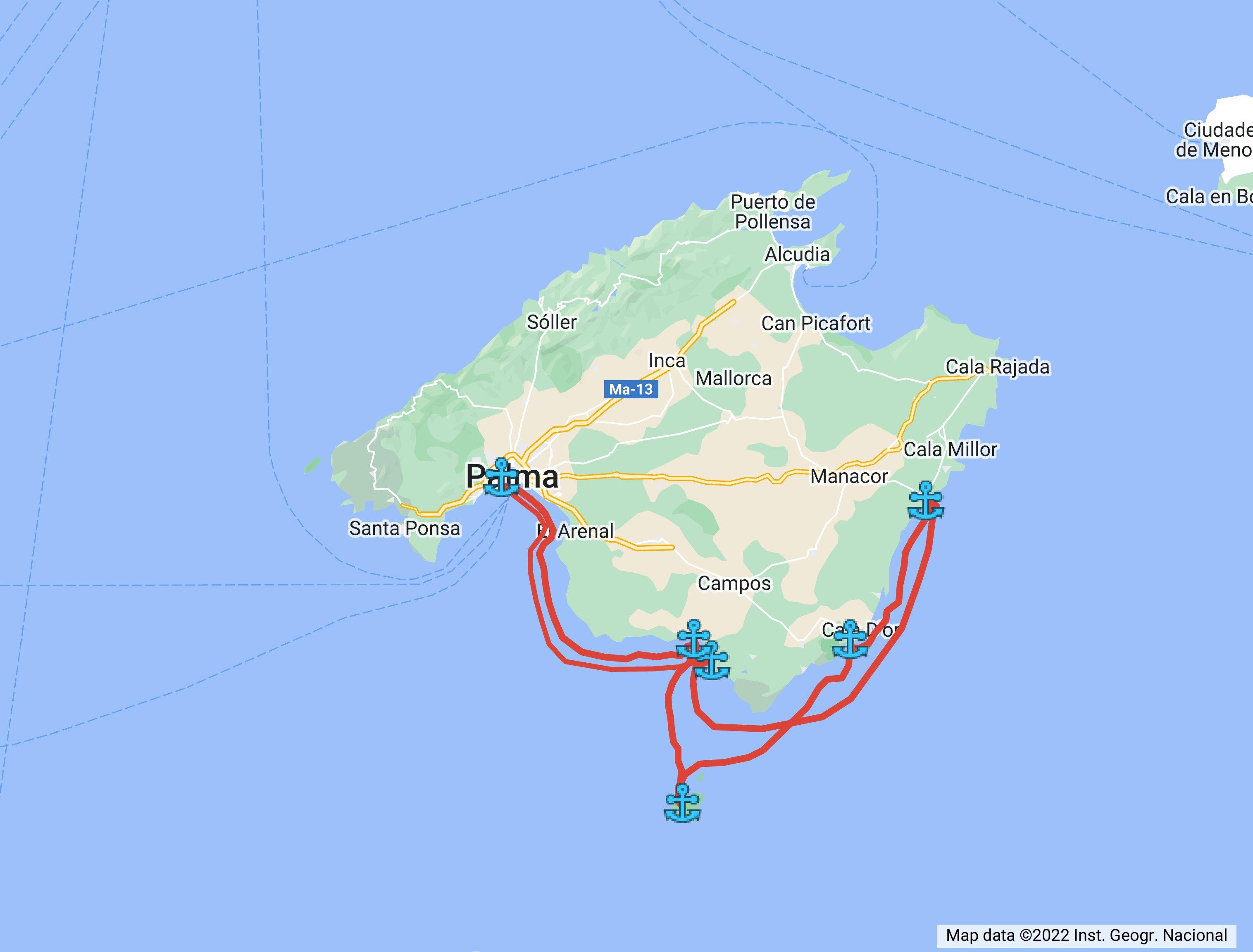 Bild der Route durch den Süden Mallorcas, um mit dem Boot zu navigieren, erstellt von Alquilerdebarcosmallorca.com