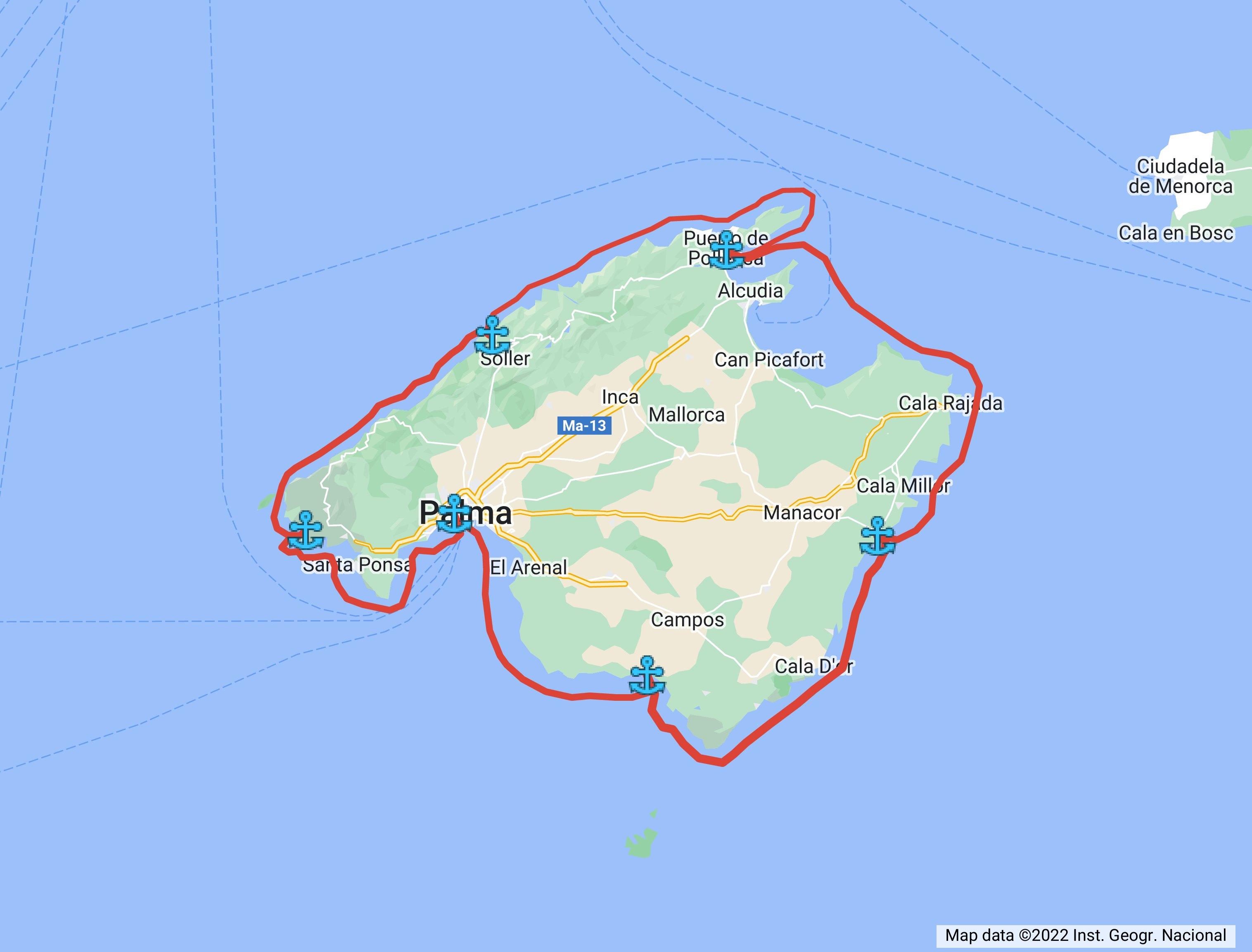Image of the itinerary around Mallorca to sail with a boat created by alquilerdebarcosmallorca.com